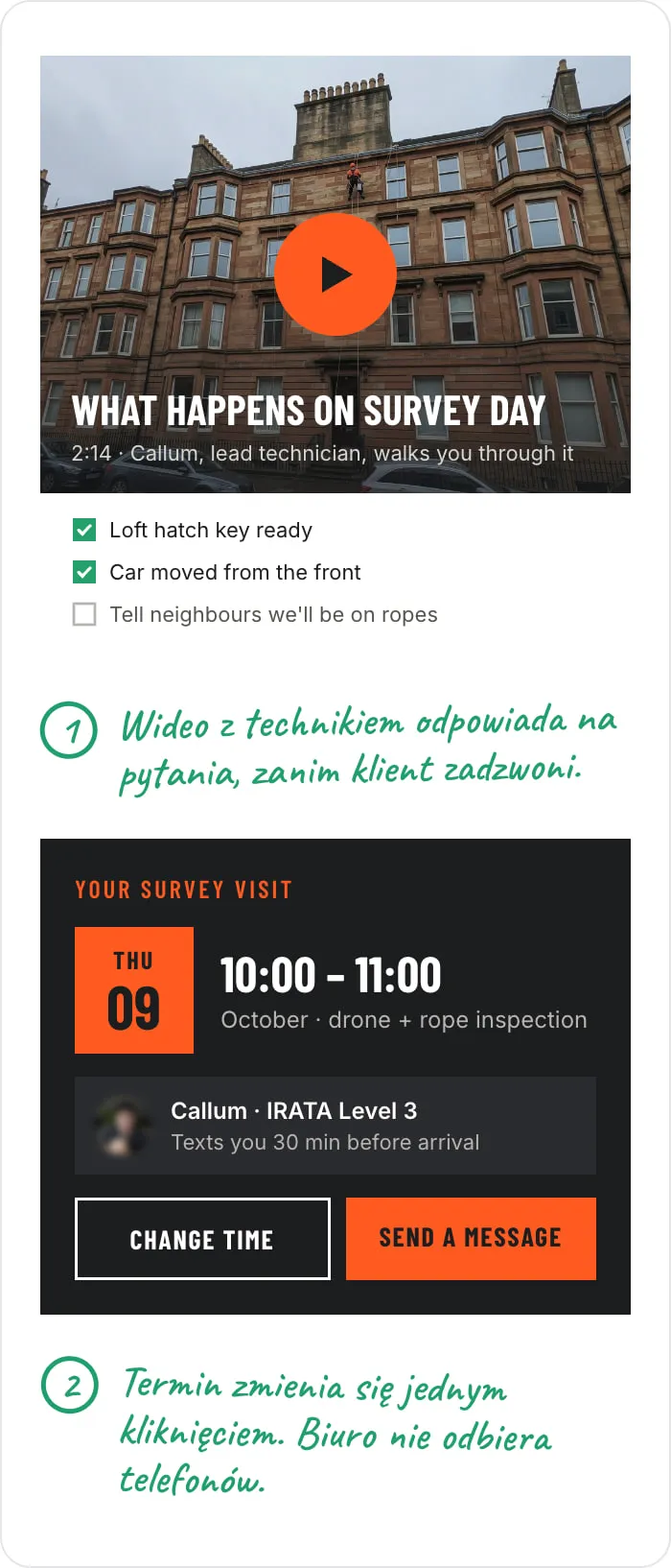 Portal powitalny: termin wizyty technika ze zmianą jednym kliknięciem, wideo o przygotowaniu do oględzin i lista kroków. Notatki: 1. Wideo z technikiem odpowiada na pytania, zanim klient zadzwoni. Na wizytę czeka ktoś, kto już zna firmę. 2. Termin zmienia się jednym kliknięciem. Biuro nie odbiera telefonów, a technik nie jedzie na próżno.