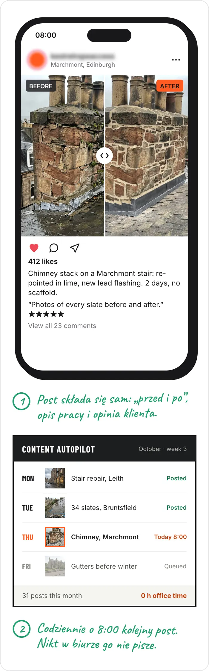 Post na Instagramie z porównaniem komina przed i po, opisem pracy i opinią klienta oraz kalendarz automatycznych publikacji. Notatki: 1. Post składa się sam: „przed i po” z raportu, opis pracy i opinia klienta. 2. Codziennie o 8:00 kolejny. Firma wygląda na dużą i zajętą, bo taka jest. 3. Nikt w biurze tego nie pisze ani nie planuje.