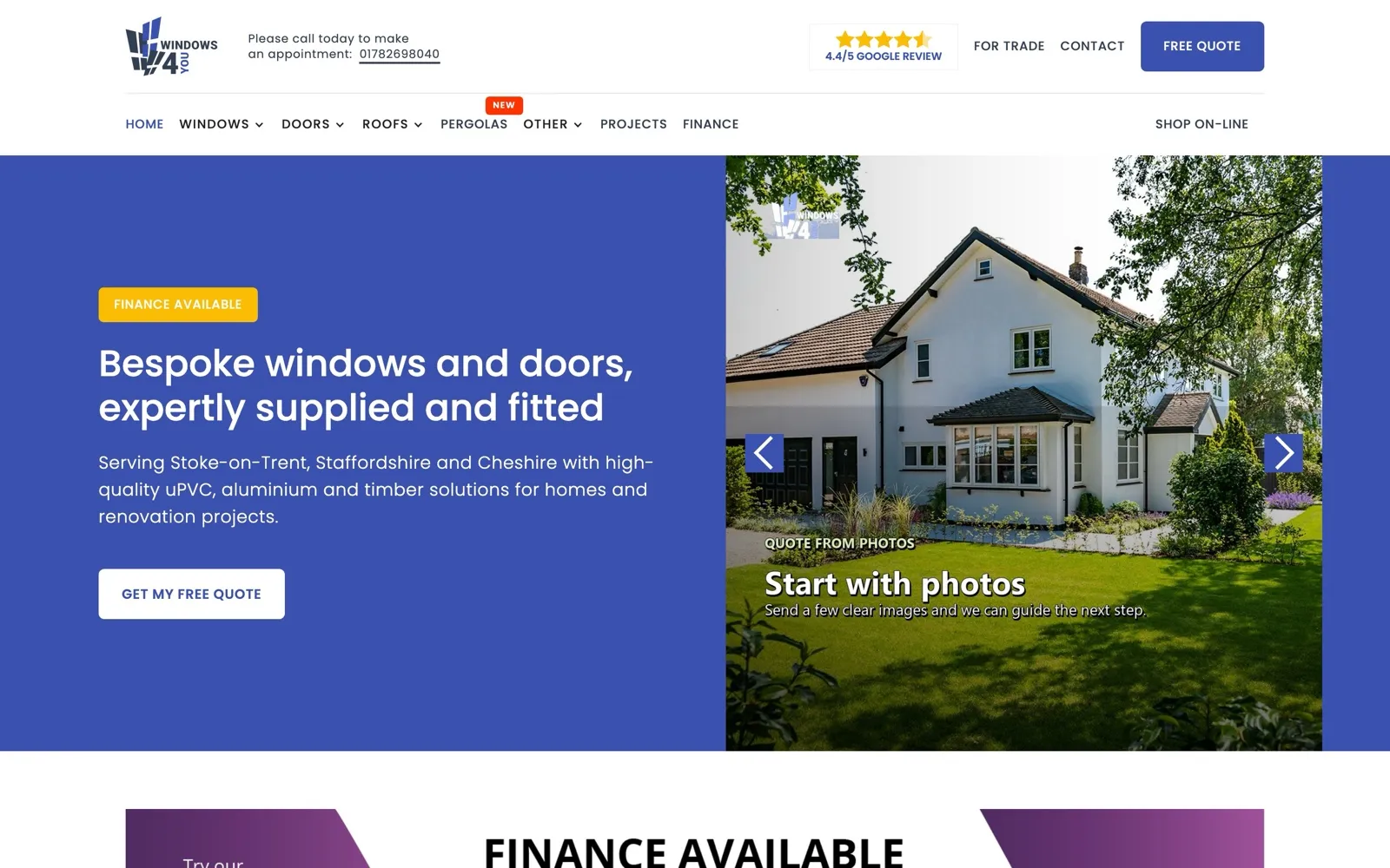 Stara strona Windows4You: slider ze zdjęciem domu i baner cookies na pół ekranu
